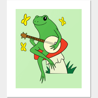 Banjo Playing Frog Sitting on a Red Toadstool Posters and Art